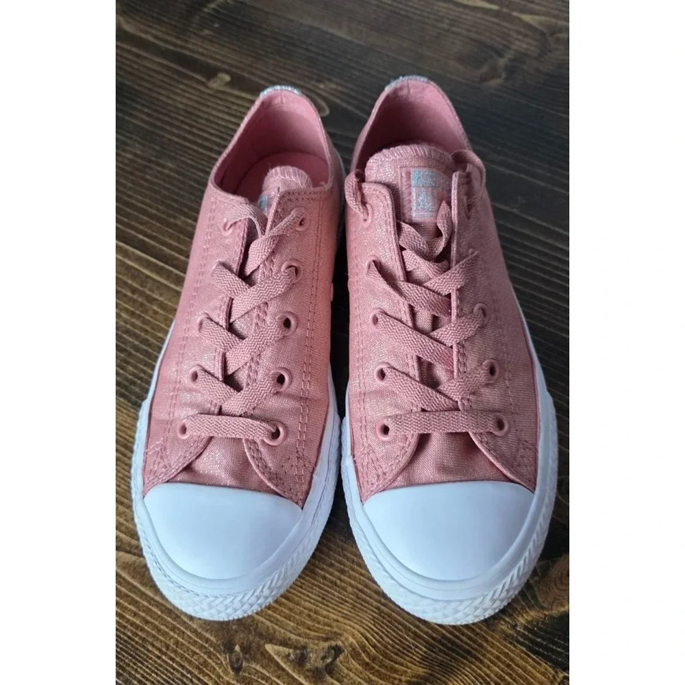Converse All Star Junior Sneakers Size 2 Pink White Glitter Canvas Low Top Shoes